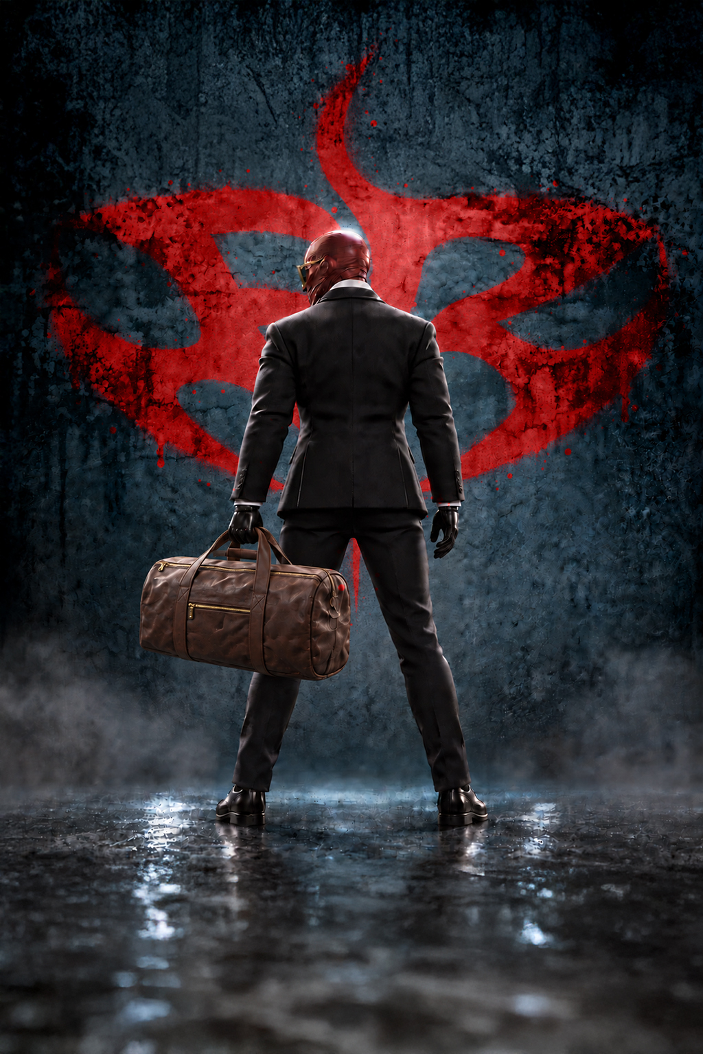 TOYBOY Revenge of Fargo collectible action figure in a black suit and red mask standing with a duffel bag in front of a red TOYBOY emblem