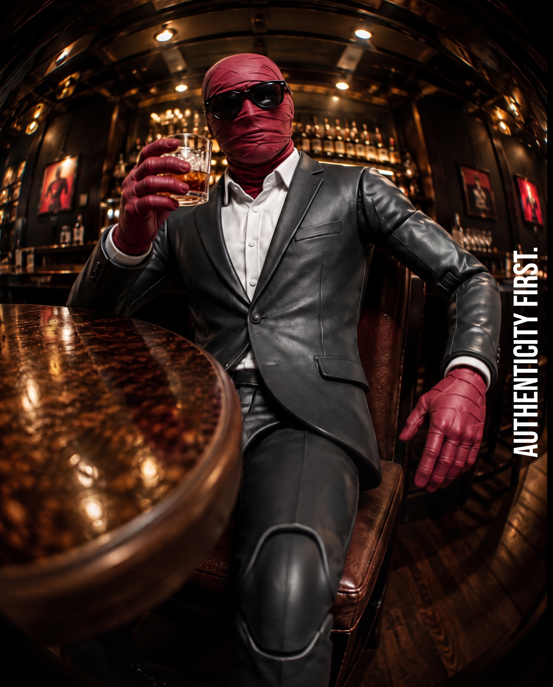 TOYBOY Figure 001 collectible in a black leather suit and red mask seated at a bar
